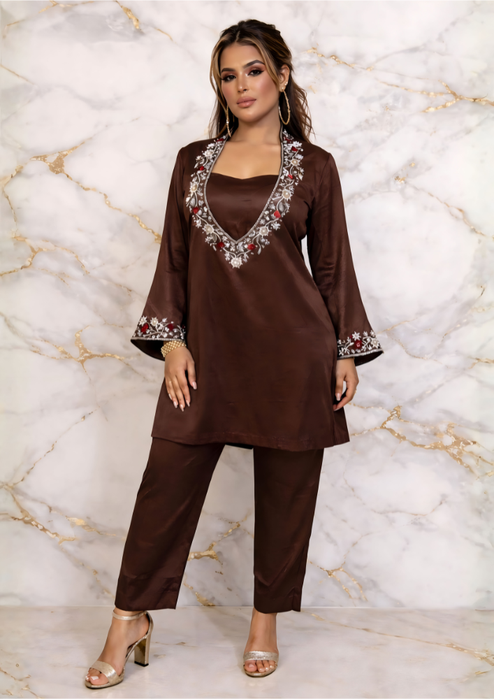 Brown Embroidered Kurta Set with Deep V-Neck & Straight Pants  (Code 107 - 4)