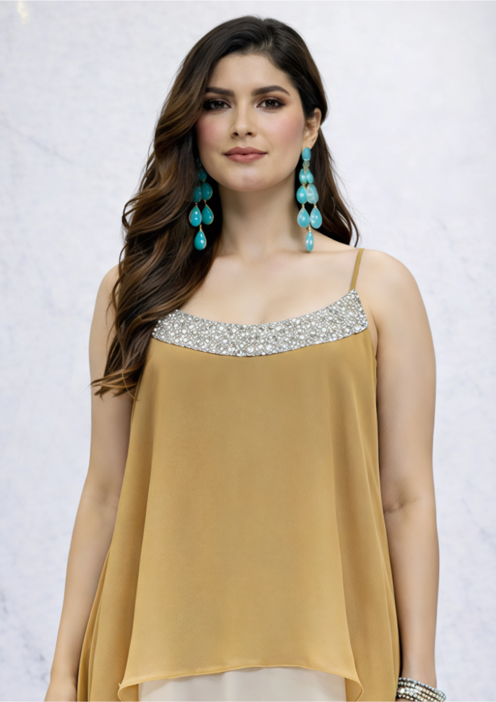 Indo-Western Brown & Turquoise Dress Set with Flared Palazzo (Code Do - 1)