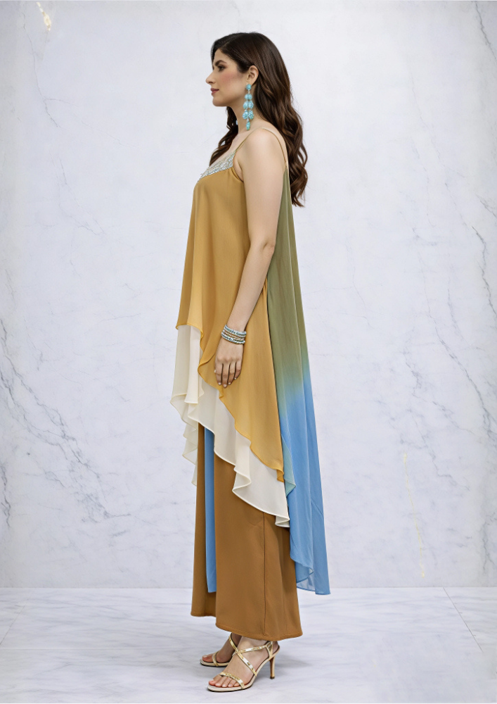 Indo-Western Brown & Turquoise Dress Set with Flared Palazzo (Code Do - 1)