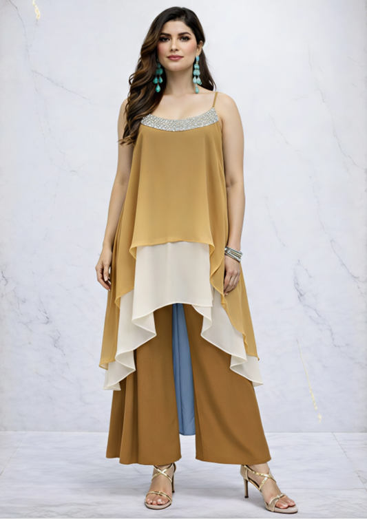Indo-Western Brown & Turquoise Dress Set with Flared Palazzo (Code Do - 1)