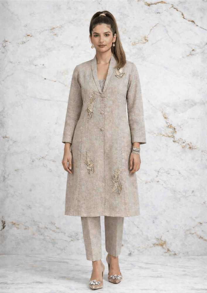Beige Jute Indo-Western Jacket Co-Ord Set with Smocked Inner Top (Code Do - 15)