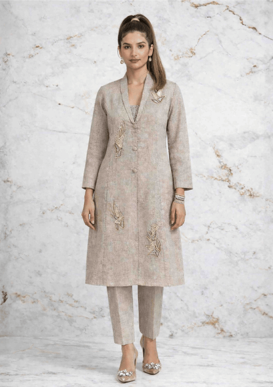 Beige Jute Indo-Western Jacket Co-Ord Set with Smocked Inner Top (Code Do - 15)