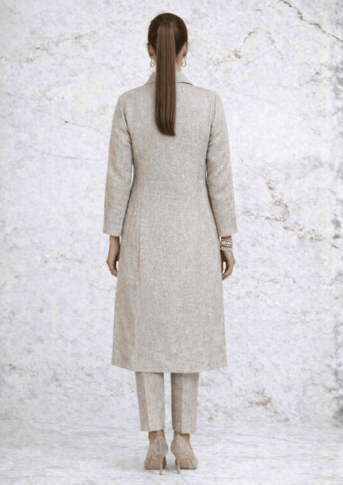 Beige Jute Indo-Western Jacket Co-Ord Set with Smocked Inner Top (Code Do - 15)
