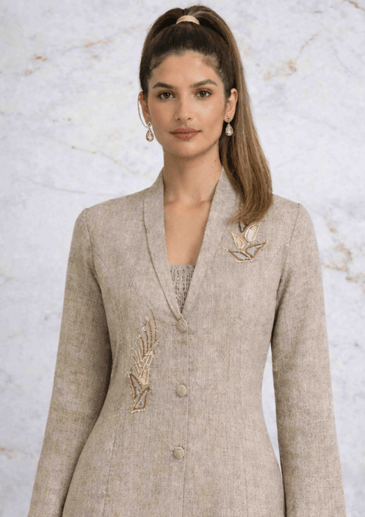 Beige Jute Indo-Western Jacket Co-Ord Set with Smocked Inner Top (Code Do - 15)