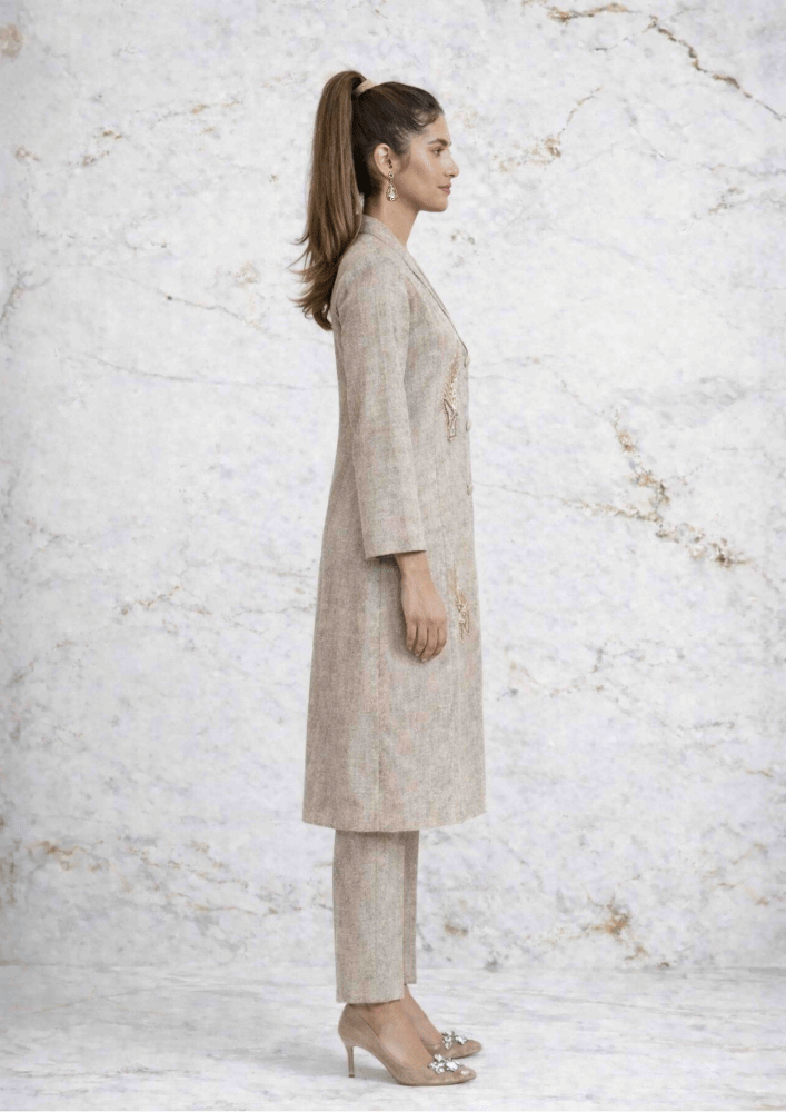 Beige Jute Indo-Western Jacket Co-Ord Set with Smocked Inner Top (Code Do - 15)