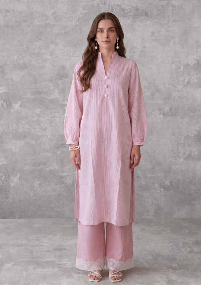 Light Pink Textured Indo-Western Co-Ord Set with Pearl Button Detailing (Code Pam 4)
