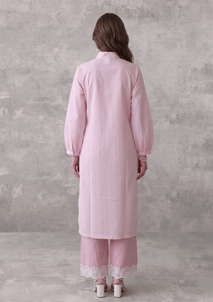 Light Pink Textured Indo-Western Co-Ord Set with Pearl Button Detailing (Code Pam 4)