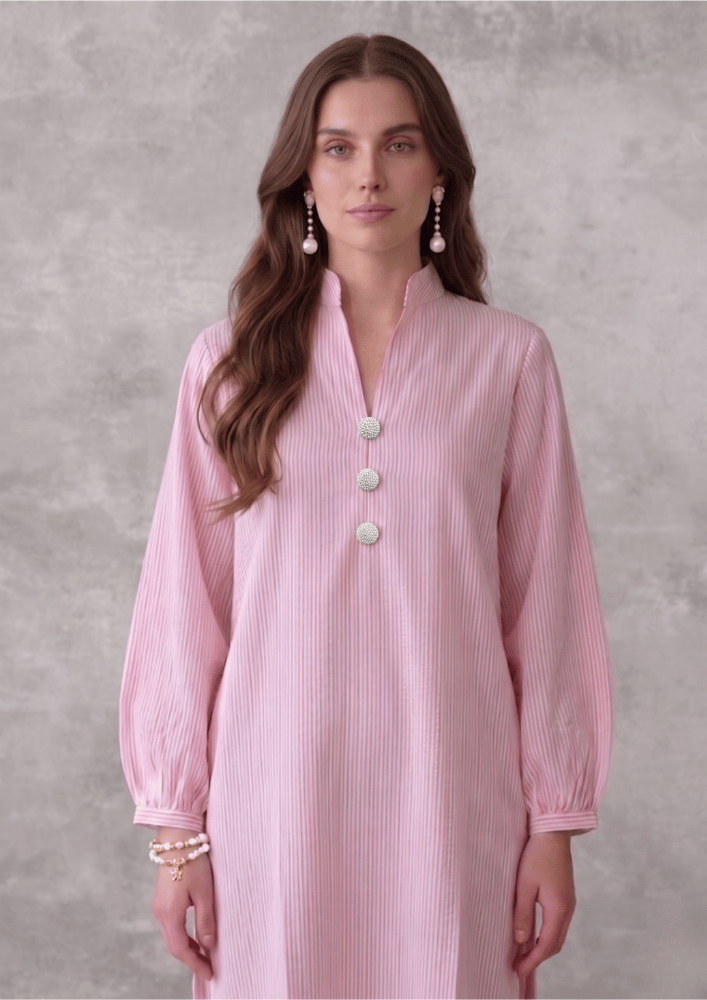 Light Pink Textured Indo-Western Co-Ord Set with Pearl Button Detailing (Code Pam 4)