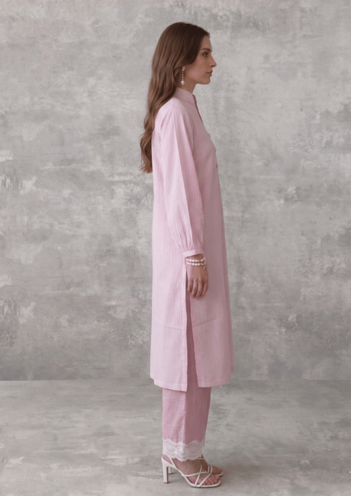 Light Pink Textured Indo-Western Co-Ord Set with Pearl Button Detailing (Code Pam 4)
