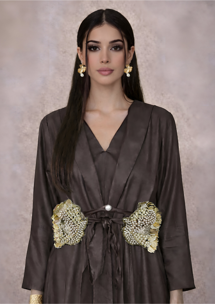 Chocolate Brown Luxury Indo-Western Jacket Co-Ord Set with Embroidered Waist & Flared Palazzo (Code Do - 6)