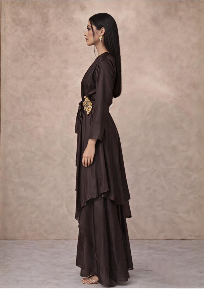 Chocolate Brown Luxury Indo-Western Jacket Co-Ord Set with Embroidered Waist & Flared Palazzo (Code Do - 6)