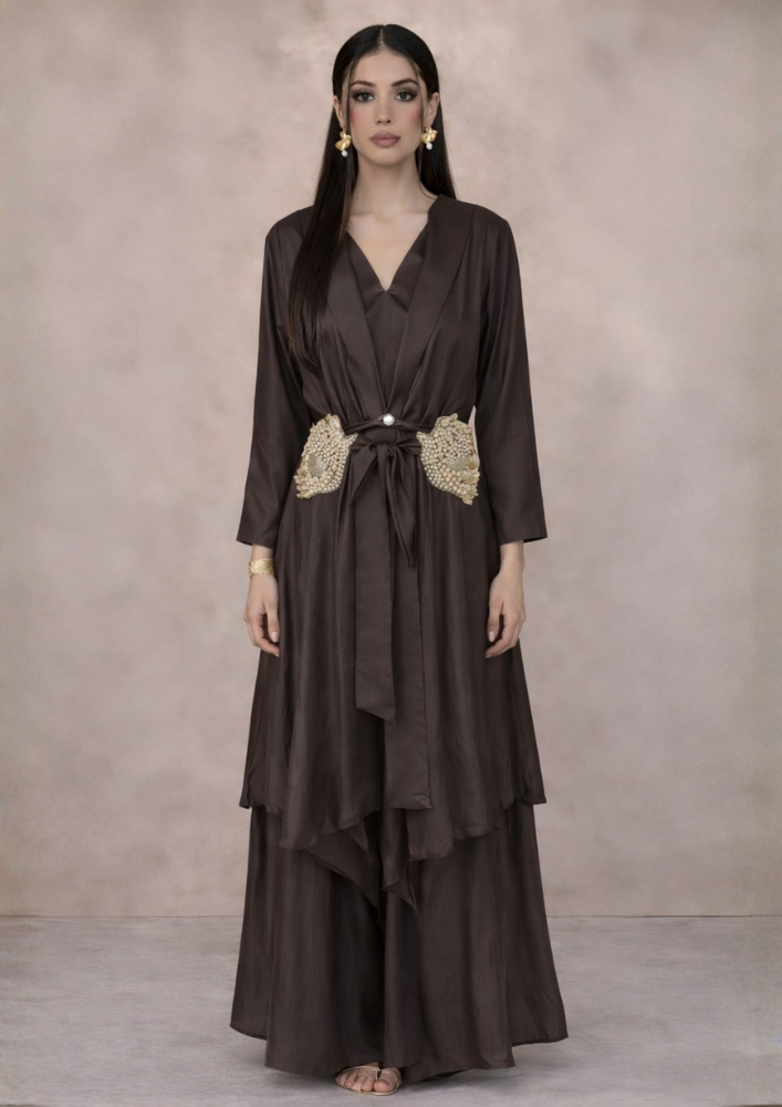 Chocolate Brown Luxury Indo-Western Jacket Co-Ord Set with Embroidered Waist & Flared Palazzo (Code Do - 6)