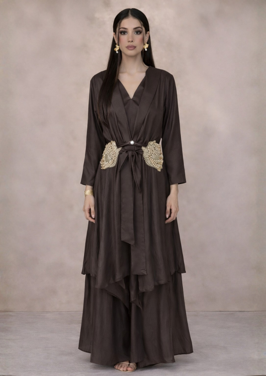 Chocolate Brown Luxury Indo-Western Jacket Co-Ord Set with Embroidered Waist & Flared Palazzo (Code Do - 6)