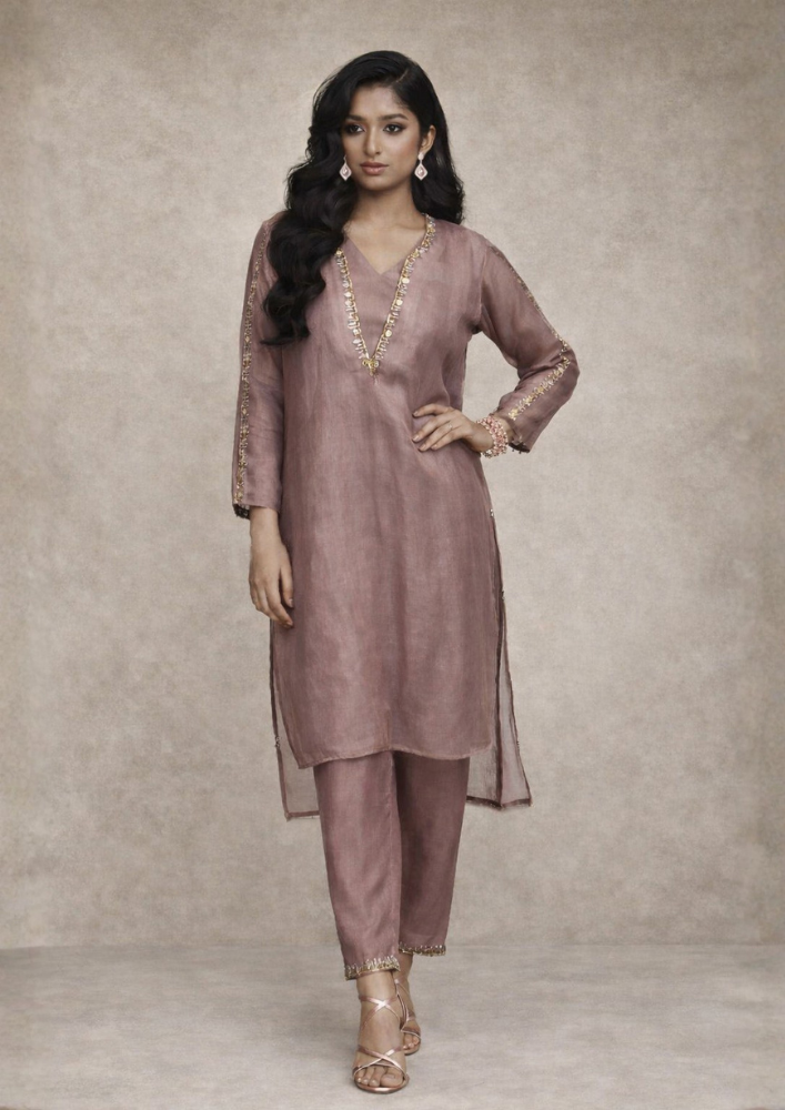 Mauve Organza Indo-Western Co-Ord Set with Straight Pants (Code Do - 10)