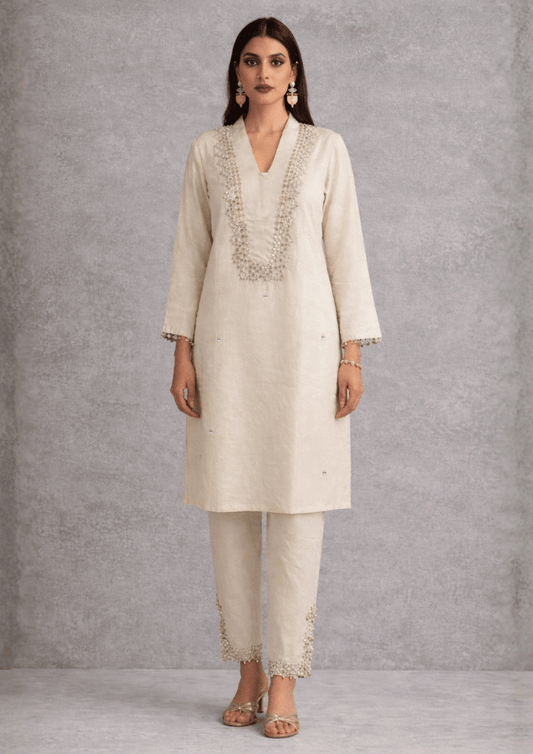 Off-White Indo-Western Kurta Co-Ord Set with Mirror Embroidery (Code SC - 14)