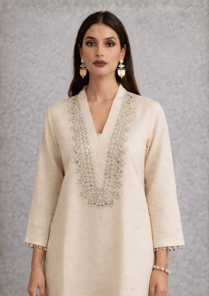 Off-White Indo-Western Kurta Co-Ord Set with Mirror Embroidery (Code SC - 14)