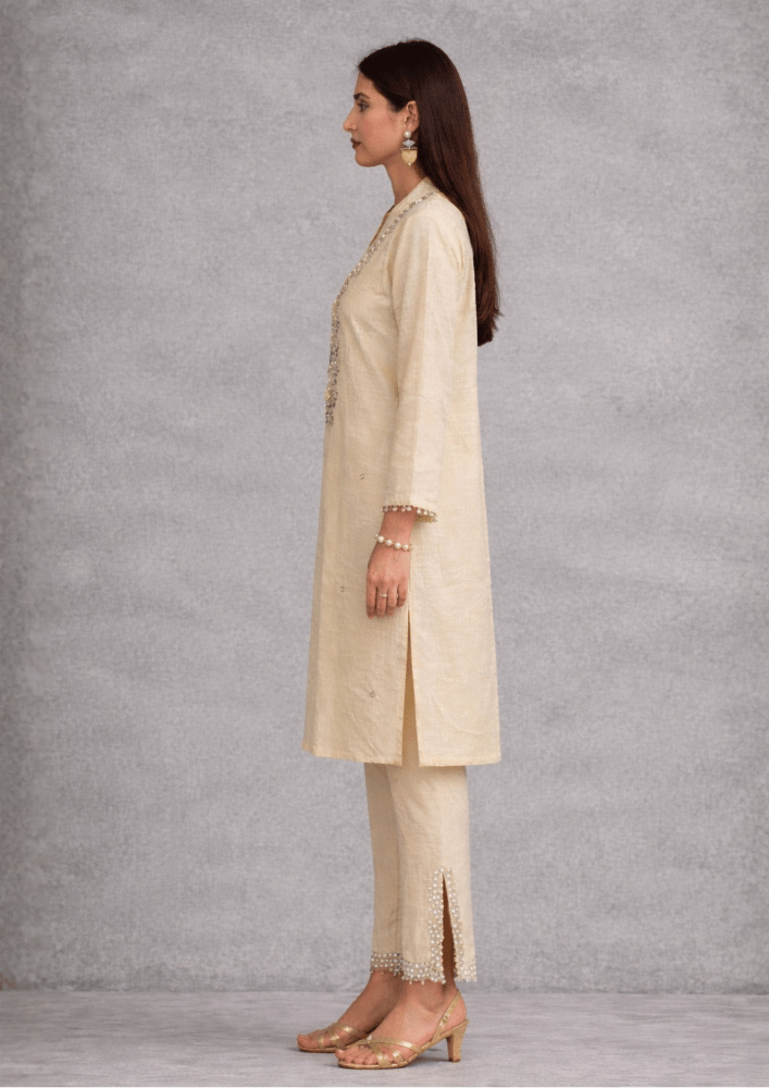 Off-White Indo-Western Kurta Co-Ord Set with Mirror Embroidery (Code SC - 14)