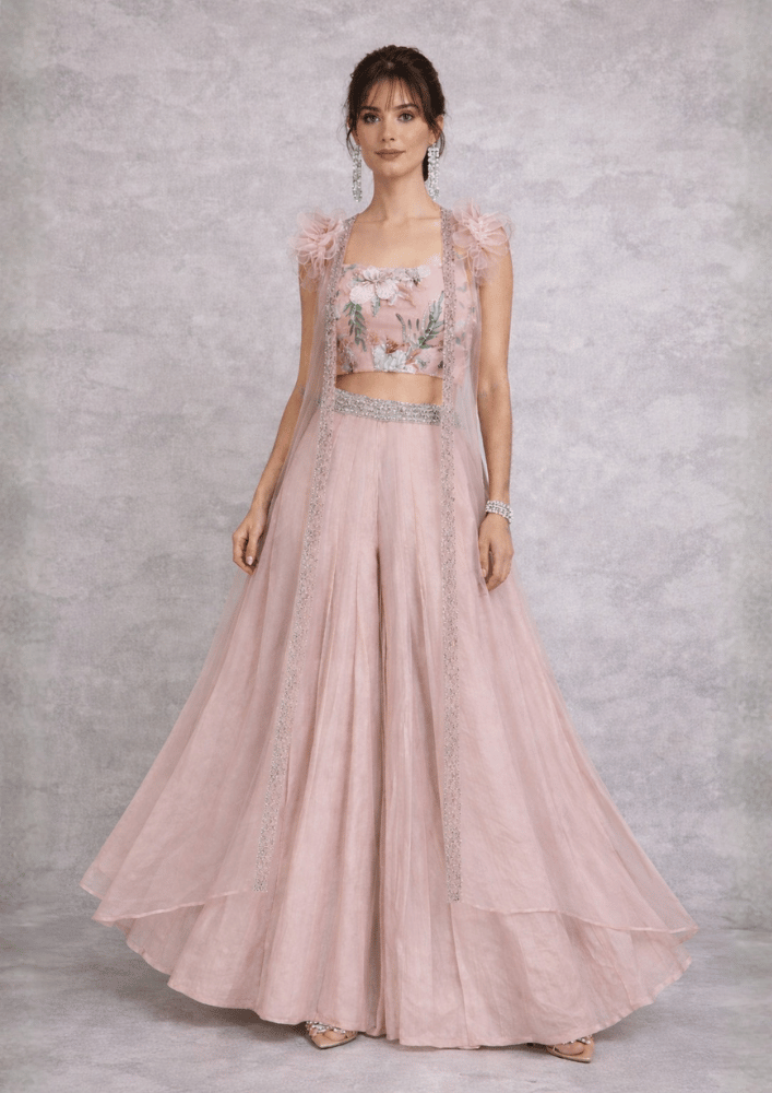 Pink Organza Indo-Western Jacket Co-Ord Set with Embroidered Crop Top & Flared Palazzo (Code Do - 11 )