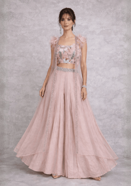Pink Organza Indo-Western Jacket Co-Ord Set with Embroidered Crop Top & Flared Palazzo (Code Do - 11 )