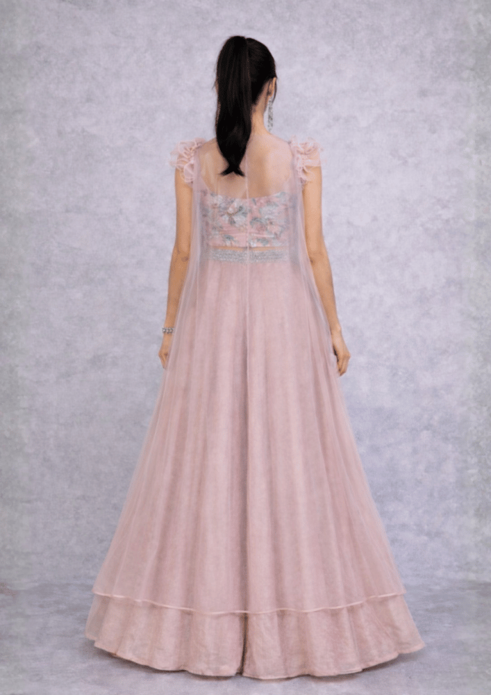 Pink Organza Indo-Western Jacket Co-Ord Set with Embroidered Crop Top & Flared Palazzo (Code Do - 11 )