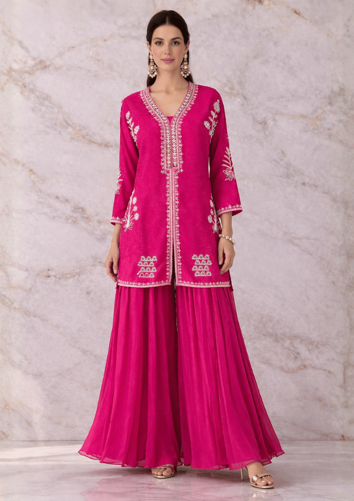 Pink Indo-Western Short Kurta Co-Ord Set with White Thread & Moti Embroidery (Code SC - 12)