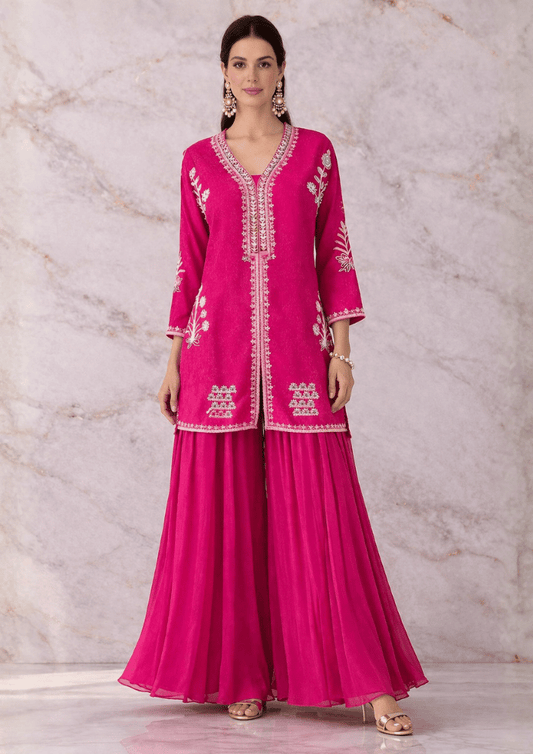 Pink Indo-Western Short Kurta Co-Ord Set with White Thread & Moti Embroidery (Code SC - 12)