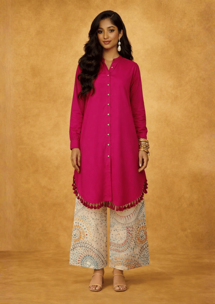 Pink Asymmetric Printed Indo-Western Kurta Co-Ord Set with Printed Palazzo (Code RU - 5 (2248))