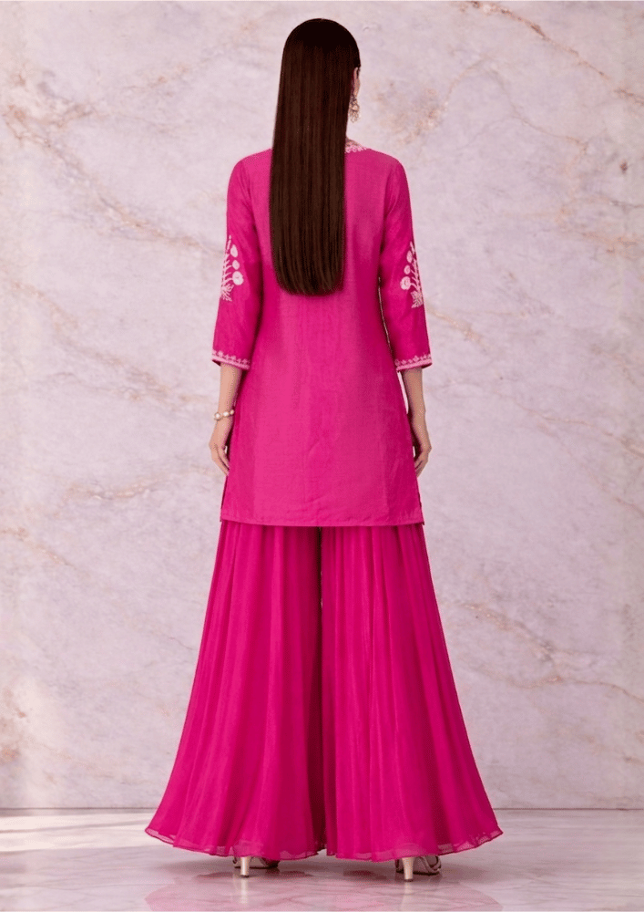 Pink Indo-Western Short Kurta Co-Ord Set with White Thread & Moti Embroidery (Code SC - 12)