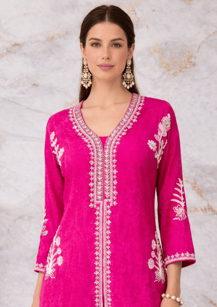 Pink Indo-Western Short Kurta Co-Ord Set with White Thread & Moti Embroidery (Code SC - 12)