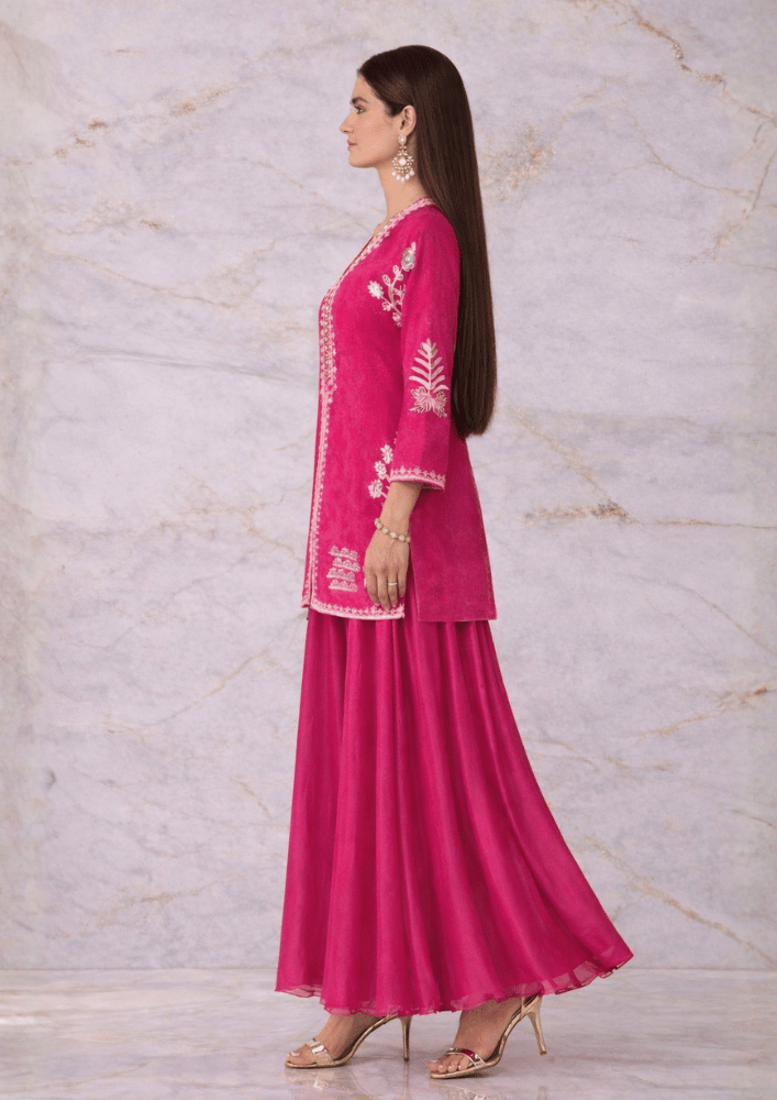 Pink Indo-Western Short Kurta Co-Ord Set with White Thread & Moti Embroidery (Code SC - 12)