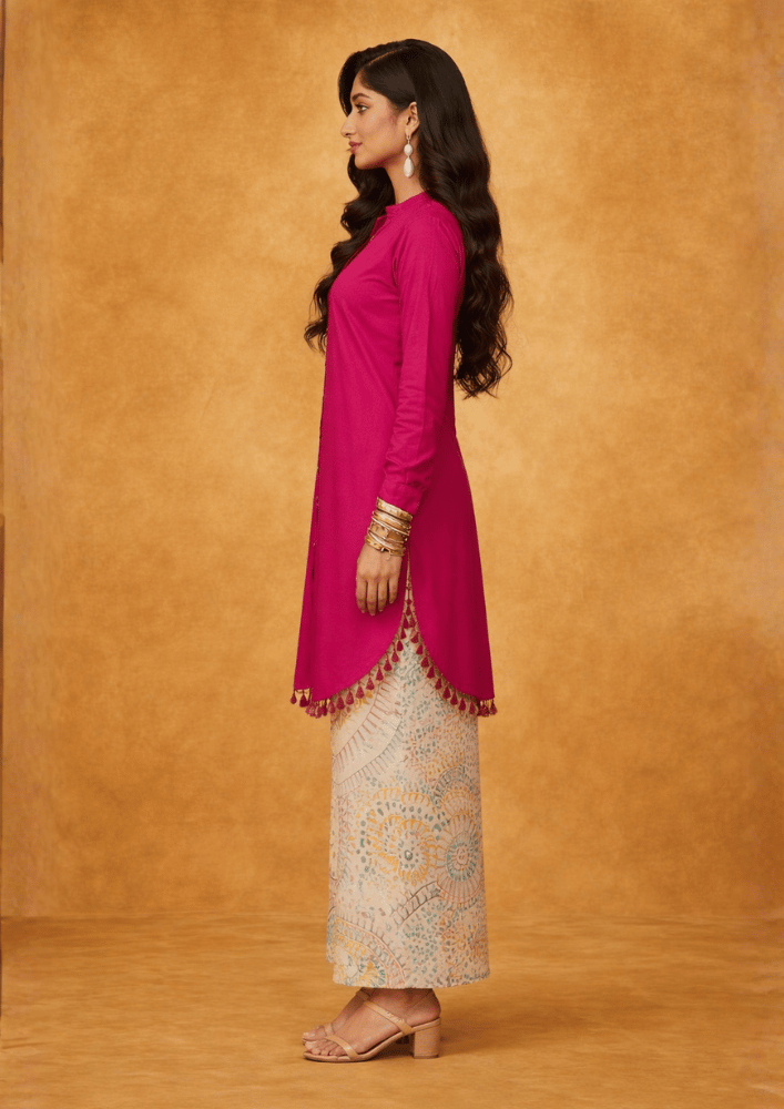 Pink Asymmetric Printed Indo-Western Kurta Co-Ord Set with Printed Palazzo (Code RU - 5 (2248))