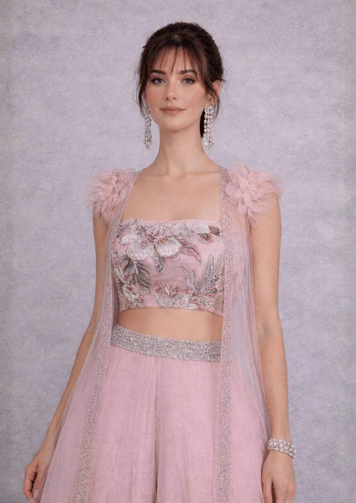 Pink Organza Indo-Western Jacket Co-Ord Set with Embroidered Crop Top & Flared Palazzo (Code Do - 11 )