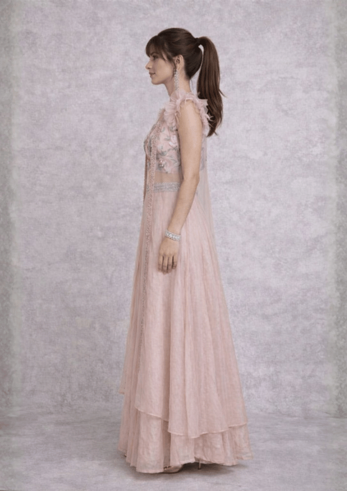 Pink Organza Indo-Western Jacket Co-Ord Set with Embroidered Crop Top & Flared Palazzo (Code Do - 11 )