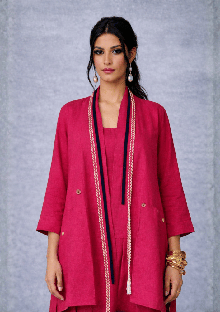 Pink Indo-Western Jacket Style Co-Ord Set with Contrast Thread Work (Code RU - 1 (2142))