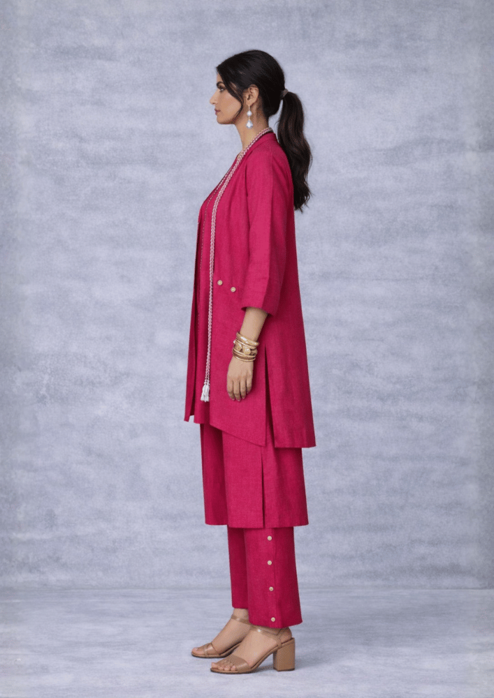 Pink Indo-Western Jacket Style Co-Ord Set with Contrast Thread Work (Code RU - 1 (2142))