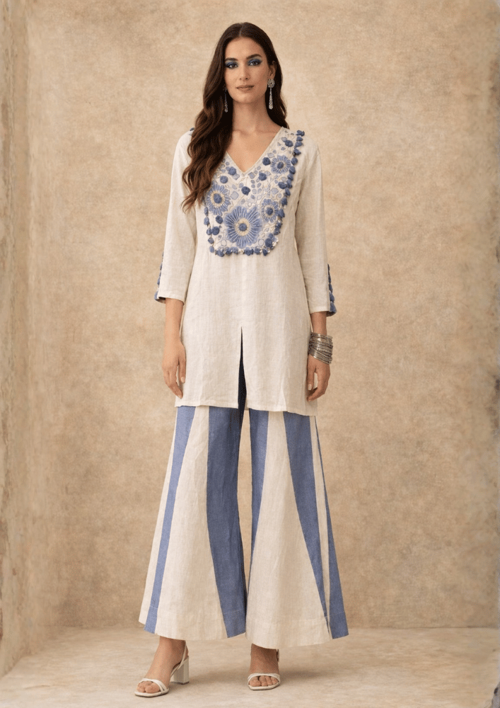 White & Blue Indo-Western Embroidered Top with Flared Palazzo Co-Ord Set (Code SC - 16)