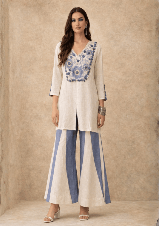 White & Blue Indo-Western Embroidered Top with Flared Palazzo Co-Ord Set (Code SC - 16)