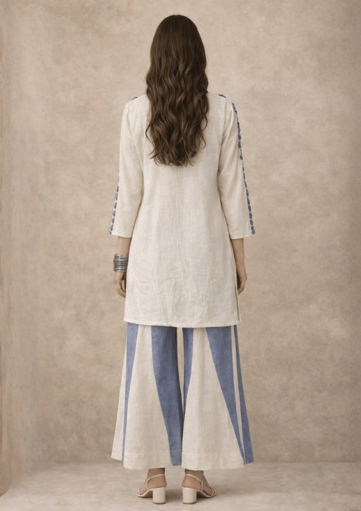 White & Blue Indo-Western Embroidered Top with Flared Palazzo Co-Ord Set (Code SC - 16)