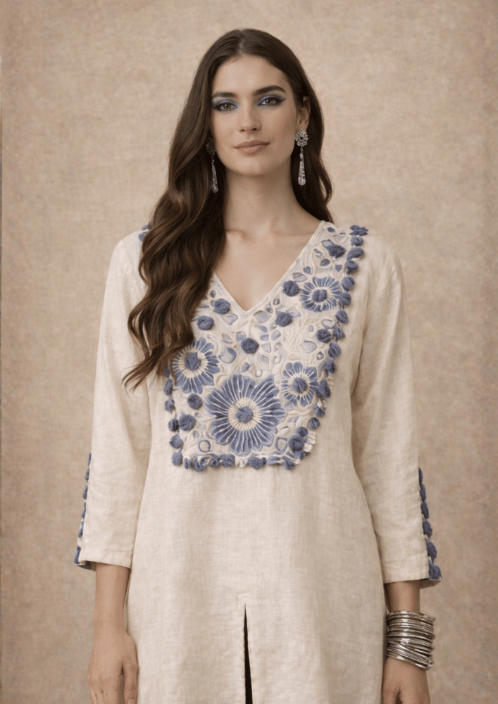 White & Blue Indo-Western Embroidered Top with Flared Palazzo Co-Ord Set (Code SC - 16)