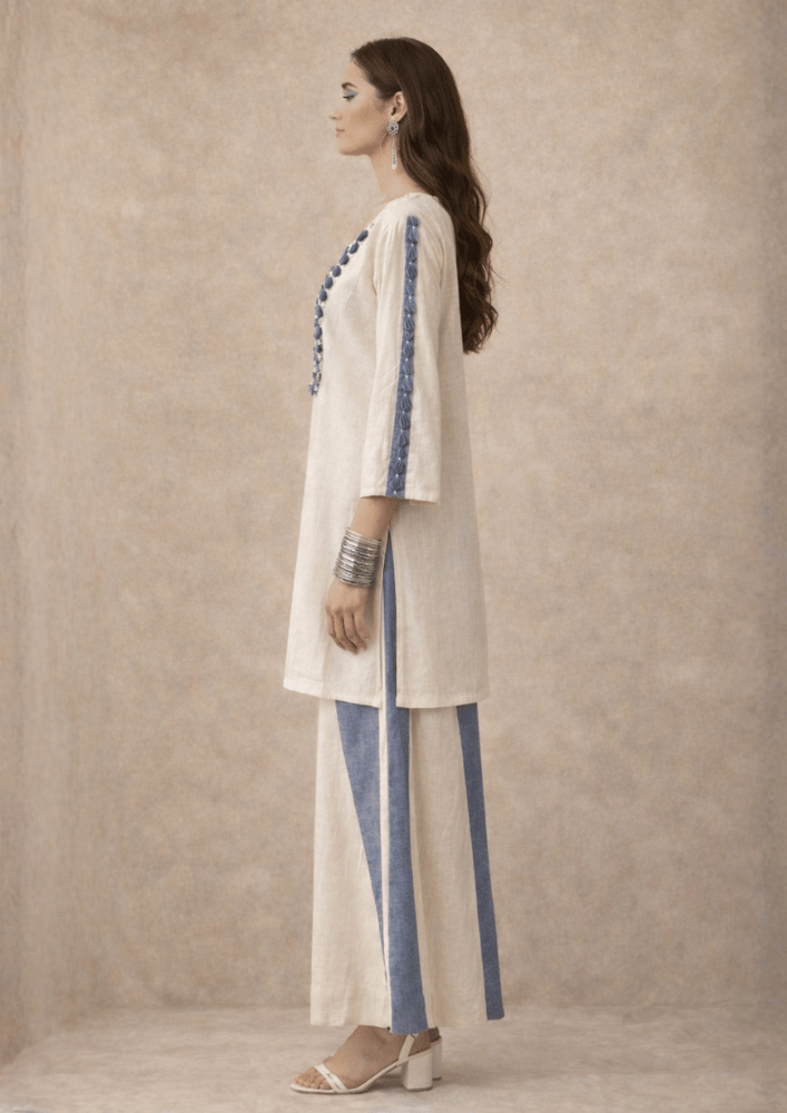 White & Blue Indo-Western Embroidered Top with Flared Palazzo Co-Ord Set (Code SC - 16)