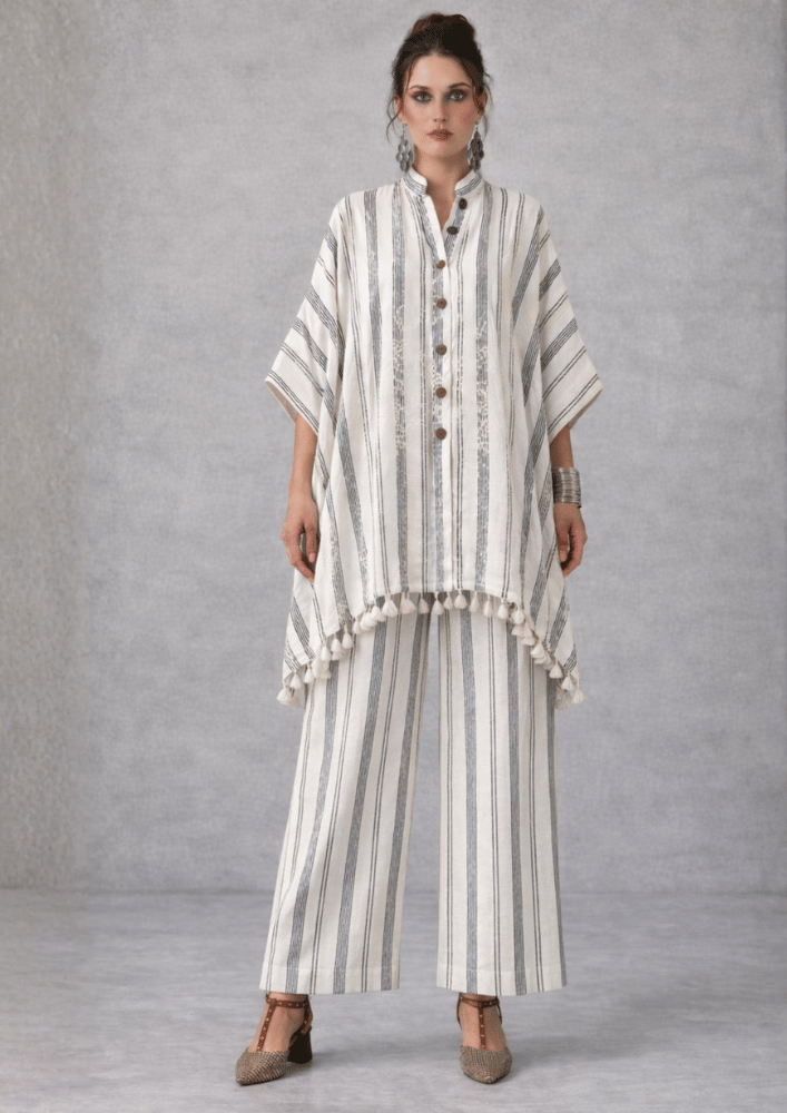 White Striped Indo-Western Kaftan Co-Ord Set with Straight Pants (Code RU - 7 (2248))