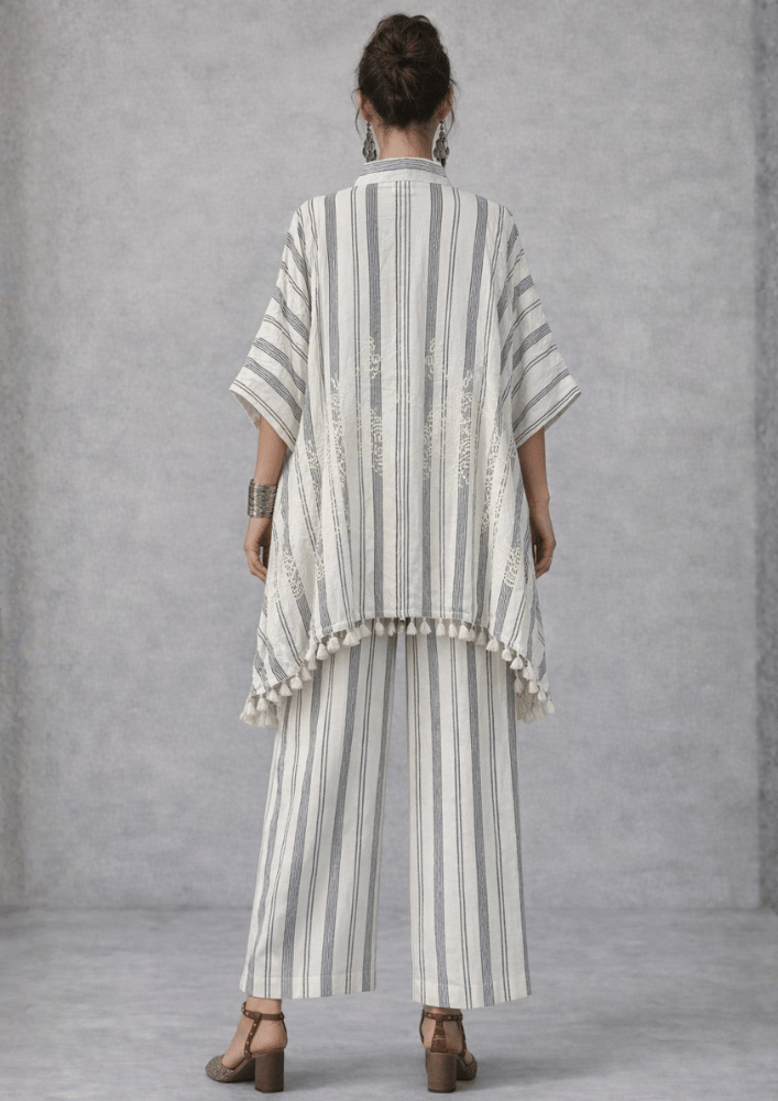 White Striped Indo-Western Kaftan Co-Ord Set with Straight Pants (Code RU - 7 (2248))