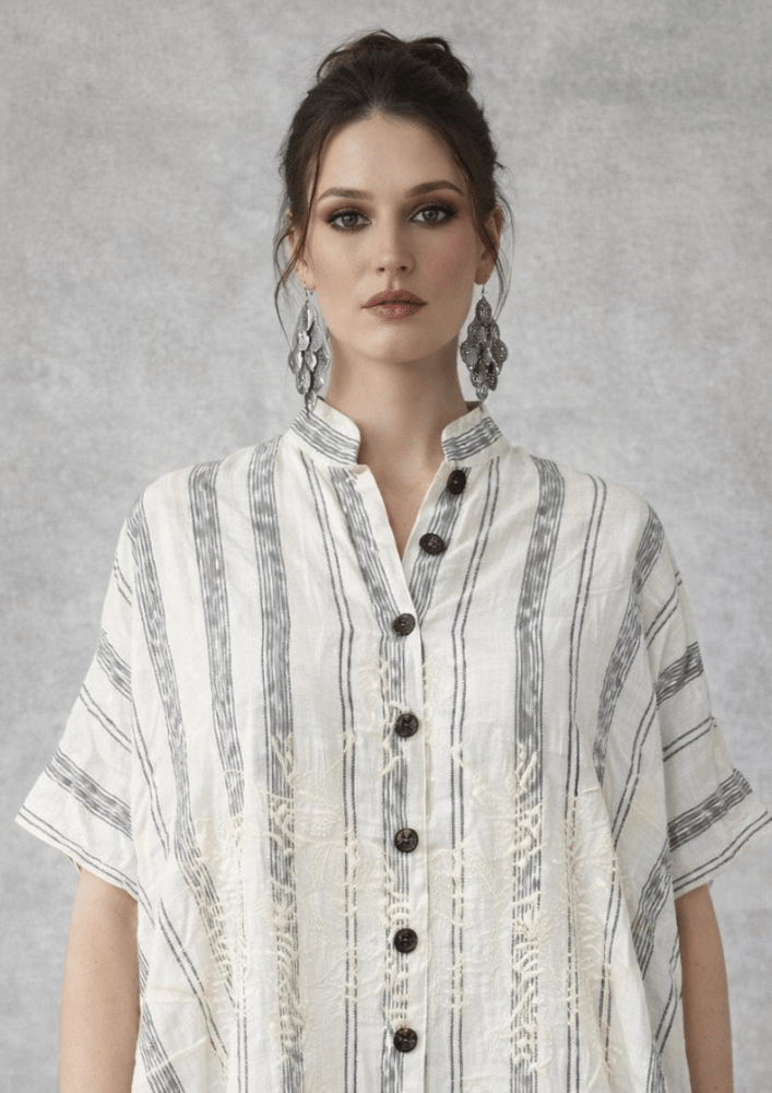 White Striped Indo-Western Kaftan Co-Ord Set with Straight Pants (Code RU - 7 (2248))