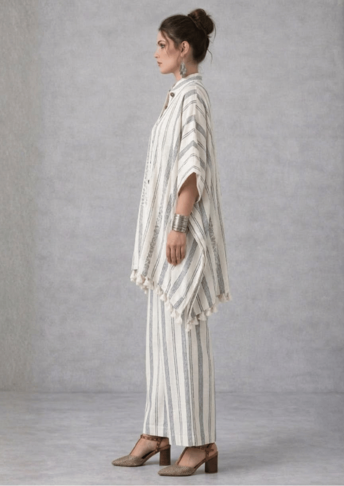White Striped Indo-Western Kaftan Co-Ord Set with Straight Pants (Code RU - 7 (2248))