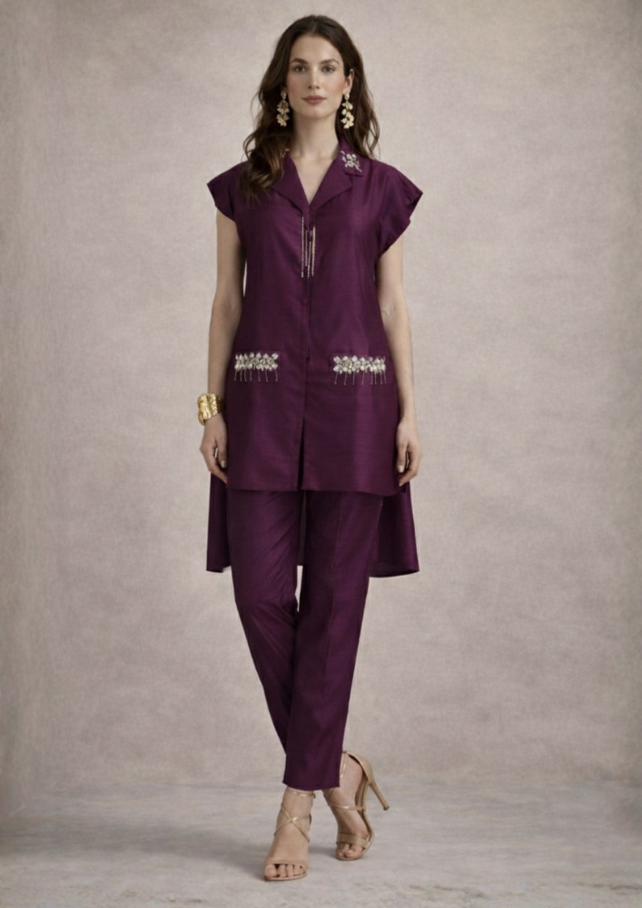 Wine Indo-Western Muslin Silk Co-Ord Set with Embroidered Pocket (Code Do - 14)
