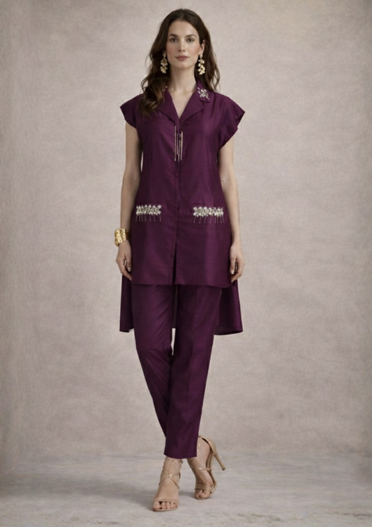 Wine Indo-Western Muslin Silk Co-Ord Set with Embroidered Pocket (Code Do - 14)