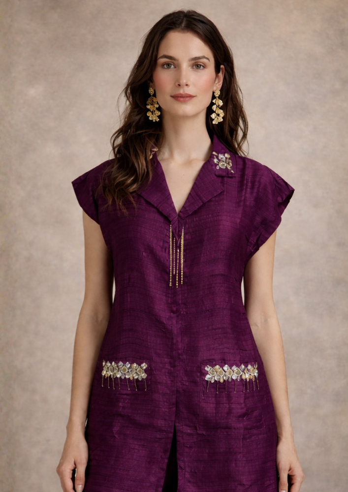 Wine Indo-Western Muslin Silk Co-Ord Set with Embroidered Pocket (Code Do - 14)