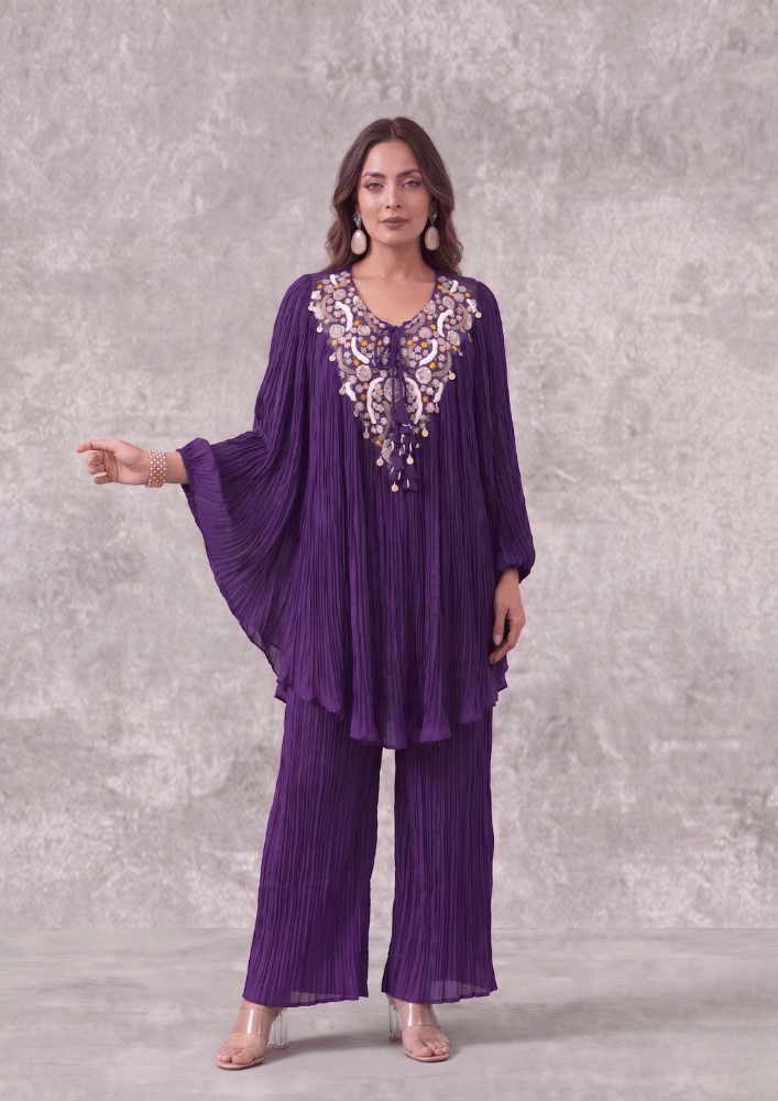Crush Wine/Purple Embroidered Poncho Co-Ord Set with Palazzo (Code 107 - 3)