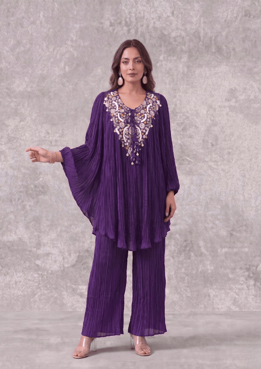 Crush Wine/Purple Embroidered Poncho Co-Ord Set with Palazzo (Code 107 - 3)