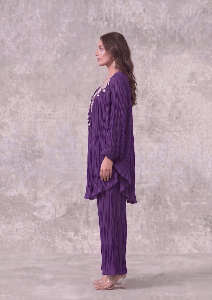Crush Wine/Purple Embroidered Poncho Co-Ord Set with Palazzo (Code 107 - 3)